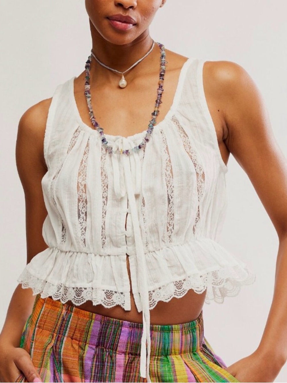 Free People Sz L White Cropped Tank w Peplum Hem & Intricate Lace Detailing NWT